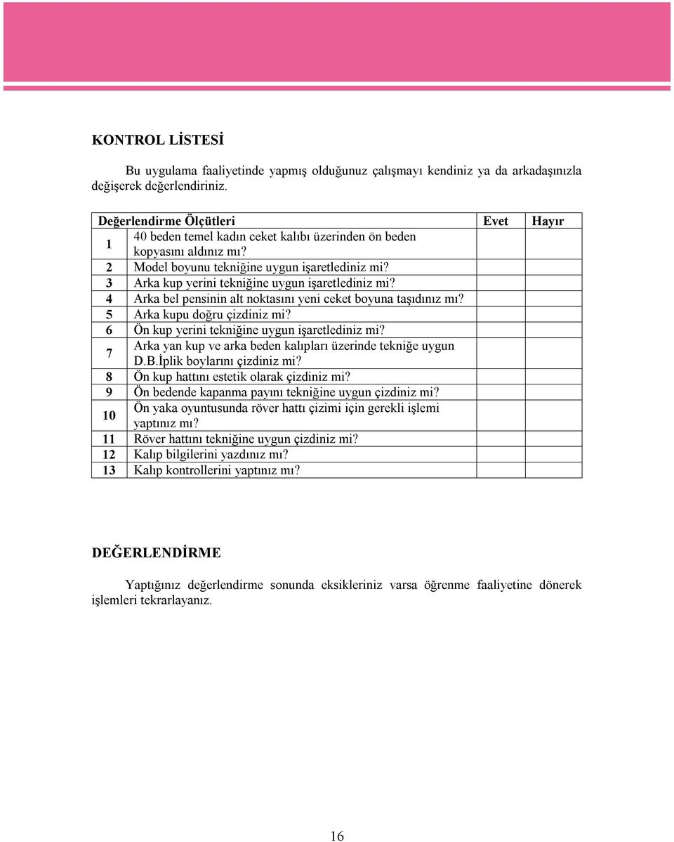 3 Arka kup yerini tekniğine uygun işaretlediniz mi? 4 Arka bel pensinin alt noktasını yeni ceket boyuna taşıdınız mı? 5 Arka kupu doğru çizdiniz mi? 6 Ön kup yerini tekniğine uygun işaretlediniz mi?