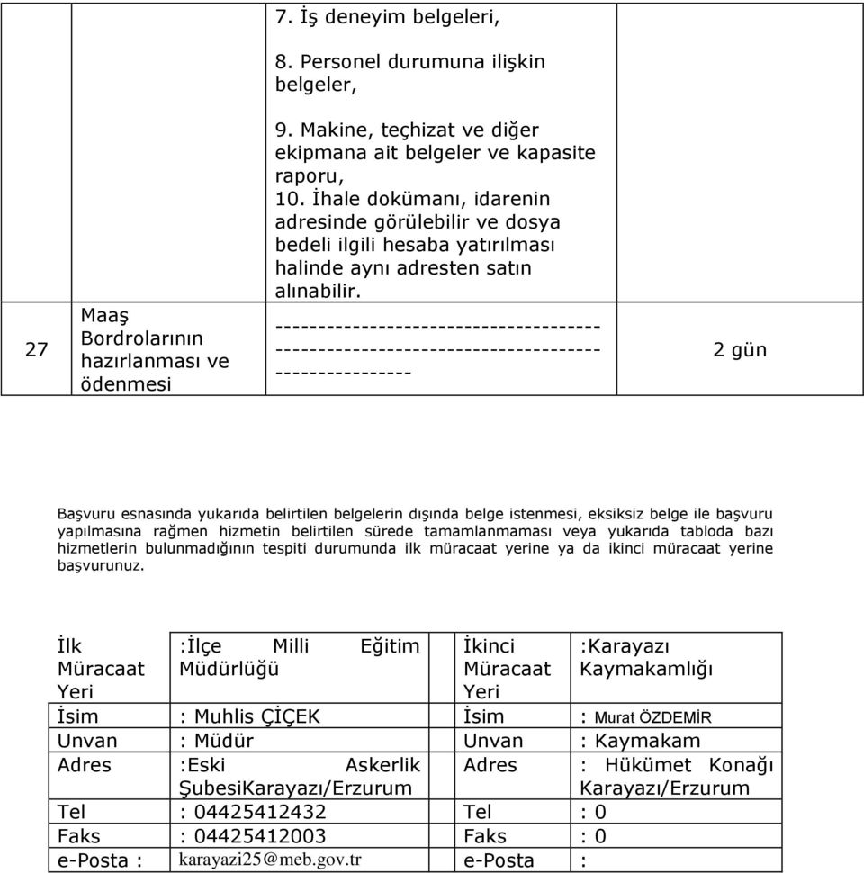 -------------------------------------- -------------------------------------- ---------------- Başvuru esnasında yukarıda belirtilen belgelerin dışında belge istenmesi, eksiksiz belge ile başvuru