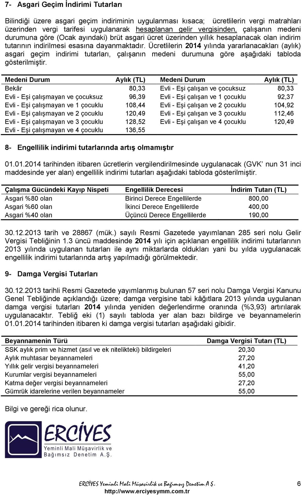 Ücretlilerin 2014 yılında yararlanacakları (aylık) asgari geçim indirimi tutarları, çalışanın medeni durumuna göre aşağıdaki tabloda gösterilmiştir.