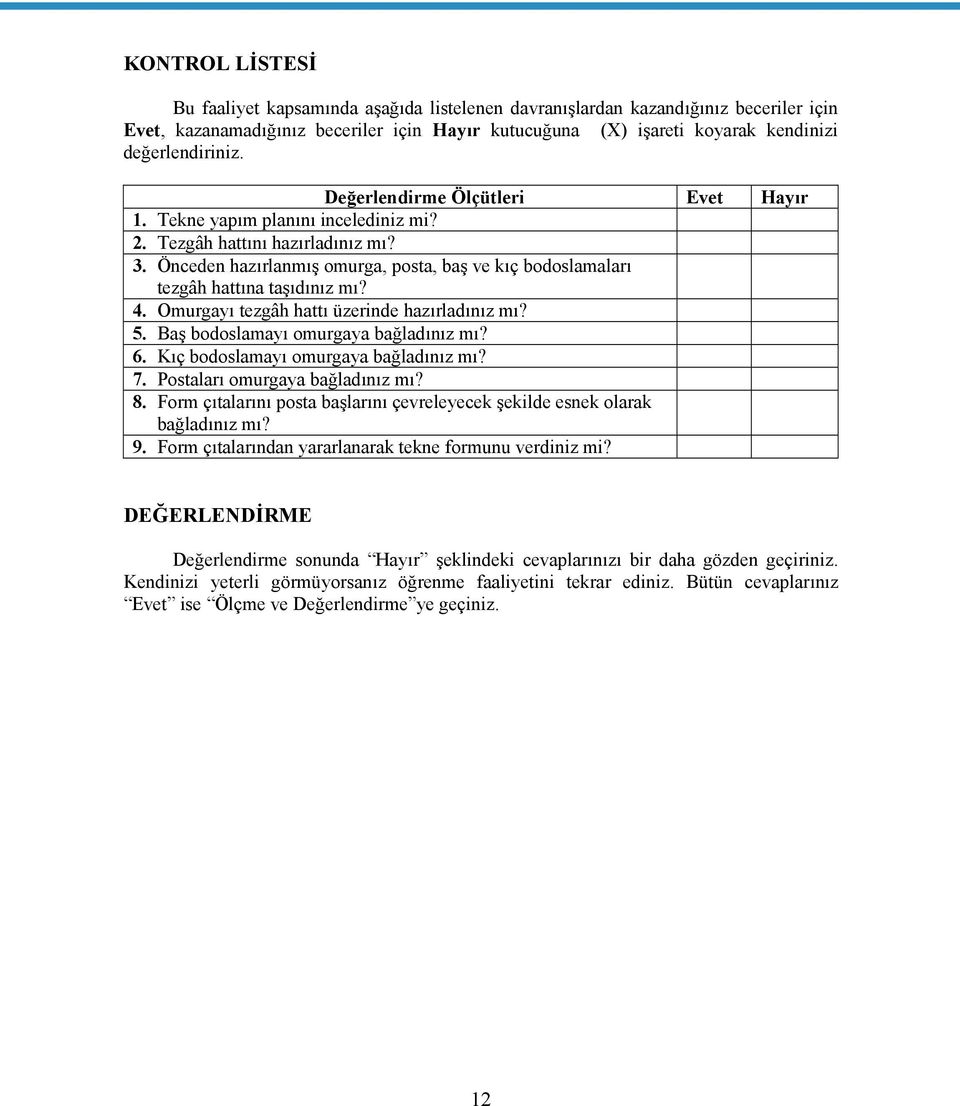 Önceden hazırlanmış omurga, posta, baş ve kıç bodoslamaları tezgâh hattına taşıdınız mı? 4. Omurgayı tezgâh hattı üzerinde hazırladınız mı? 5. Baş bodoslamayı omurgaya bağladınız mı? 6.