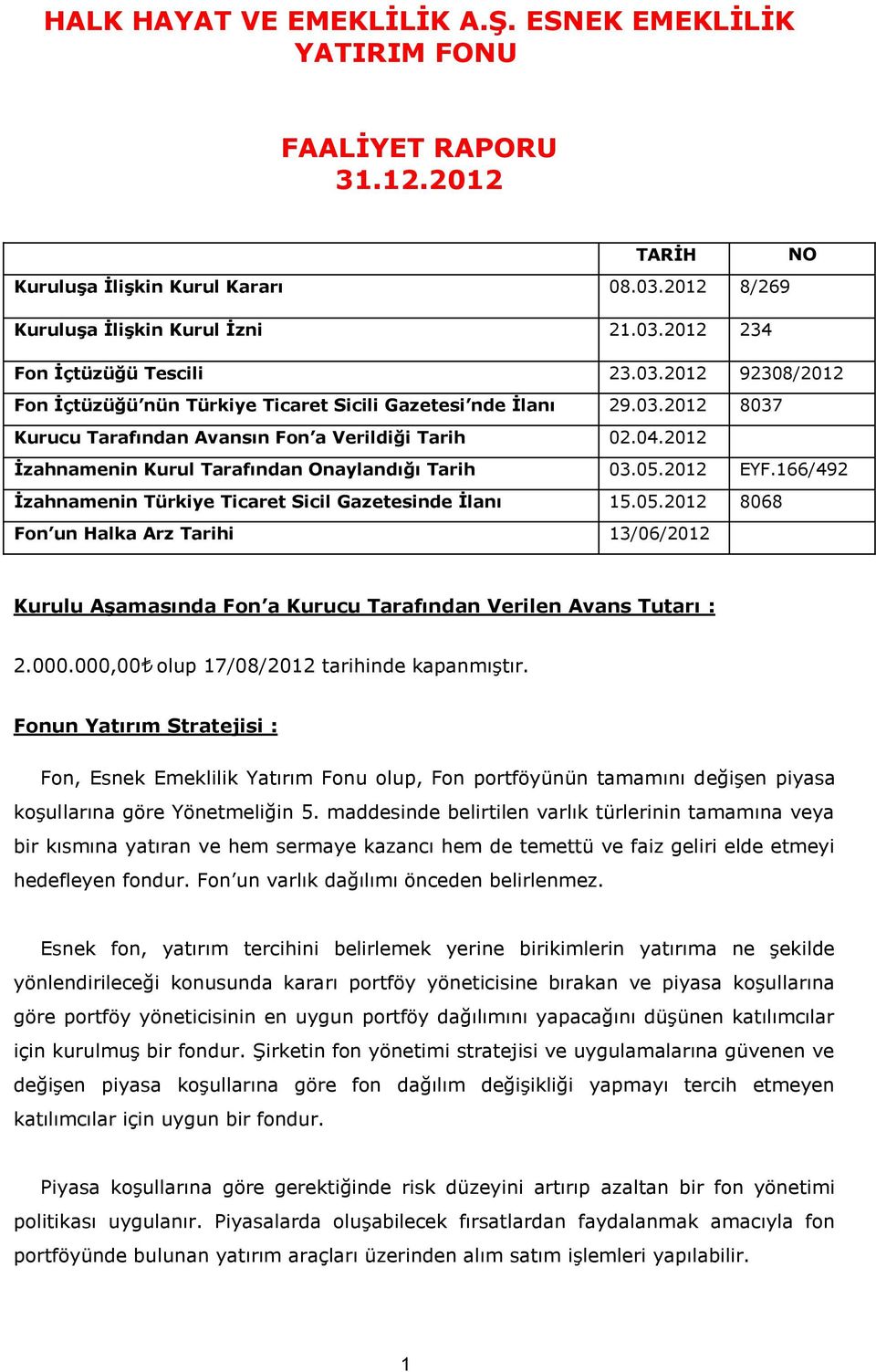212 EYF.166/492 İzahnamenin Türkiye Ticaret Sicil Gazetesinde İlanı 15.5.212 868 Fon un Halka Arz Tarihi 13/6/212 Kurulu Aşamasında Fon a Kurucu Tarafından Verilen Avans Tutarı : 2.