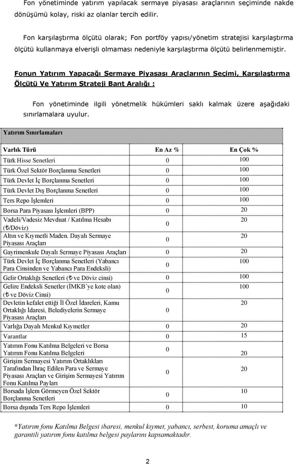 Fonun Yatırım Yapacağı Sermaye Piyasası Araçlarının Seçimi, Karşılaştırma Ölçütü Ve Yatırım Strateji Bant Aralığı : Fon yönetiminde ilgili yönetmelik hükümleri saklı kalmak üzere aşağıdaki