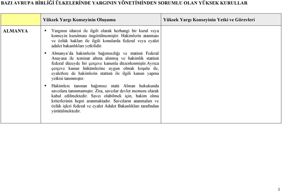 Almanya da hakimlerin bağımsızlığı ve statüsü Federal Anayasa ile teminat altına alınmış ve hakimlik statüsü federal düzeyde bir çerçeve kanunla düzenlenmiştir.