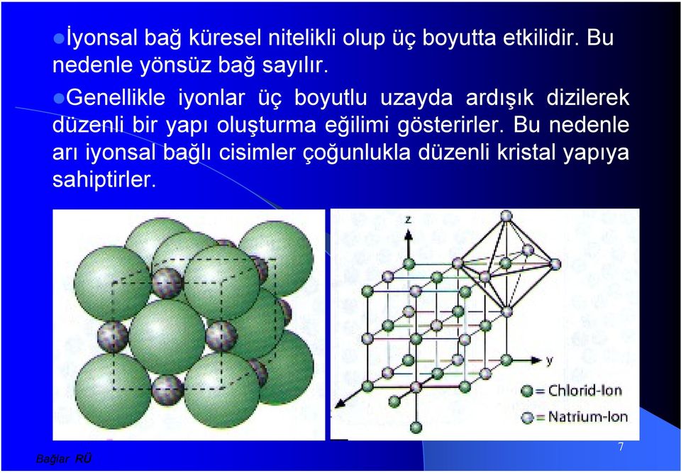 Genellikle iyonlar üç boyutlu uzayda ardışık dizilerek düzenli bir