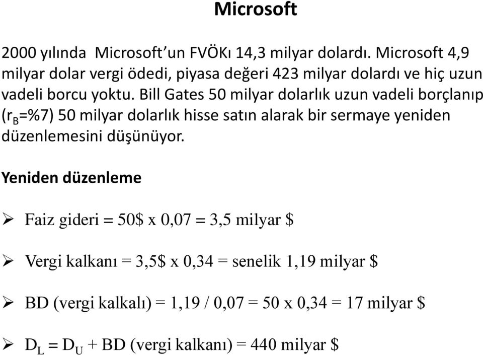 Bill Gates 50 milyar dolarlık uzun vadeli borçlanıp (r B =%7) 50 milyar dolarlık hisse satın alarak bir sermaye yeniden