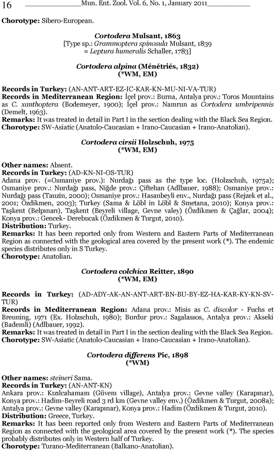 Ġçel prov.: Burna, Antalya prov.: Toros Mountains as C. xanthoptera (Bodemeyer, 1900); Ġçel prov.: Namrun as Cortodera umbripennis (Demelt, 1963).