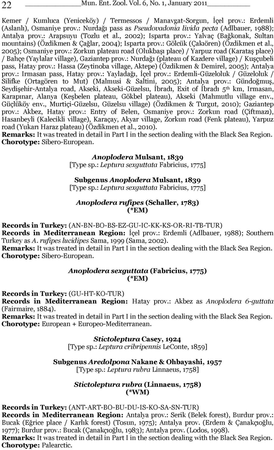 : Gölcük (Çakıören) (Özdikmen et al., 2005); Osmaniye prov.: Zorkun plateau road (OlukbaĢı place) / Yarpuz road (KarataĢ place) / Bahçe (Yaylalar village), Gaziantep prov.