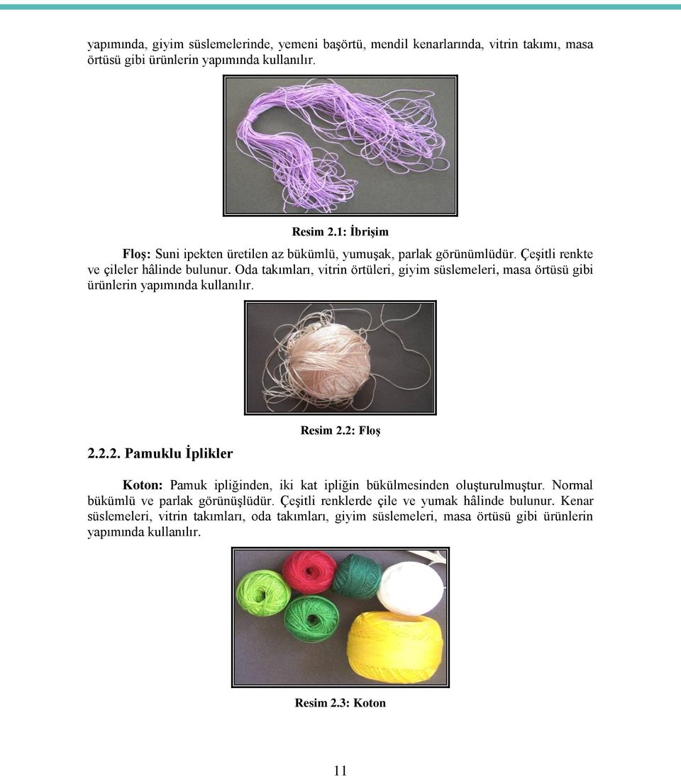 Oda takımları, vitrin örtüleri, giyim süslemeleri, masa örtüsü gibi ürünlerin yapımında kullanılır. 2.2.2. Pamuklu İplikler Resim 2.