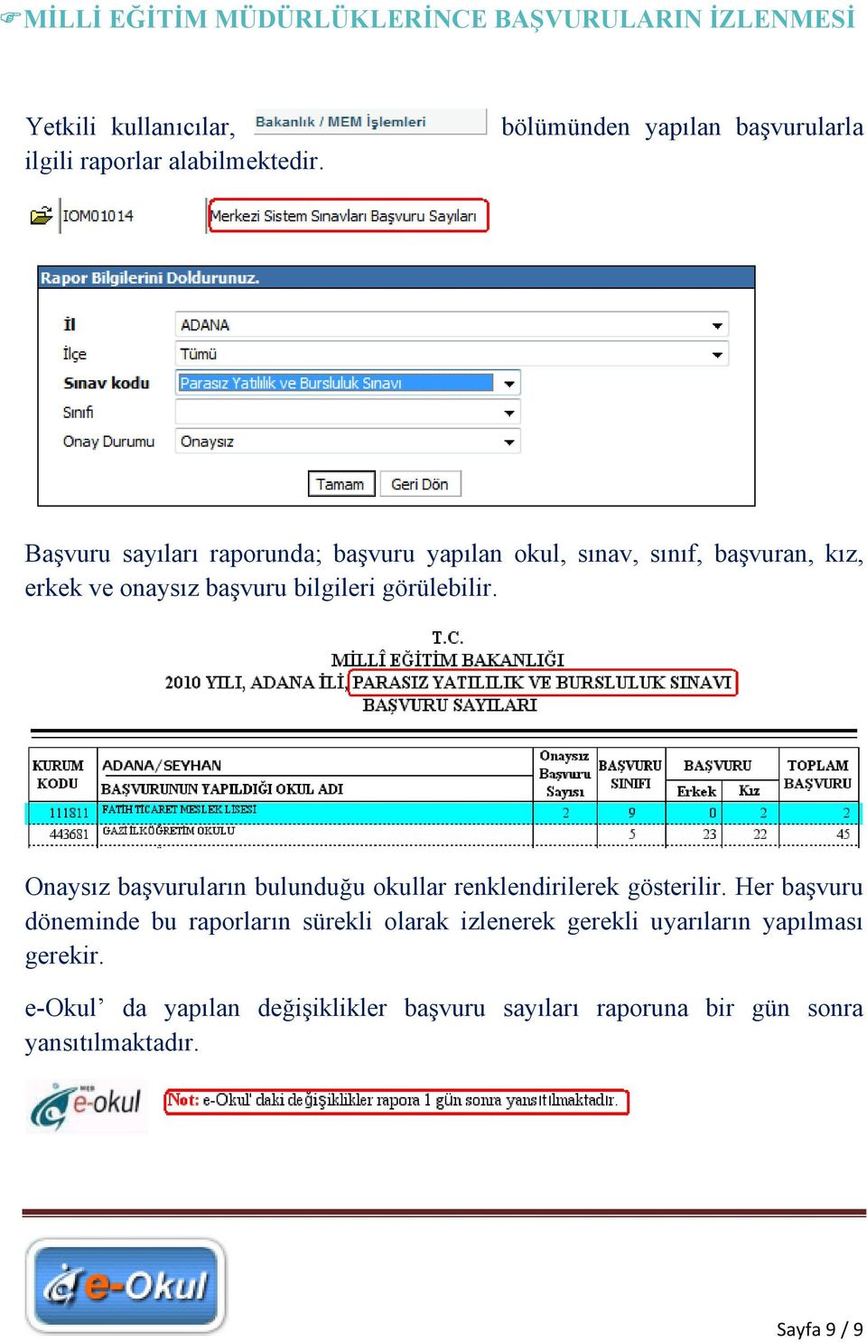 başvuru bilgileri görülebilir. Onaysız başvuruların bulunduğu okullar renklendirilerek gösterilir.