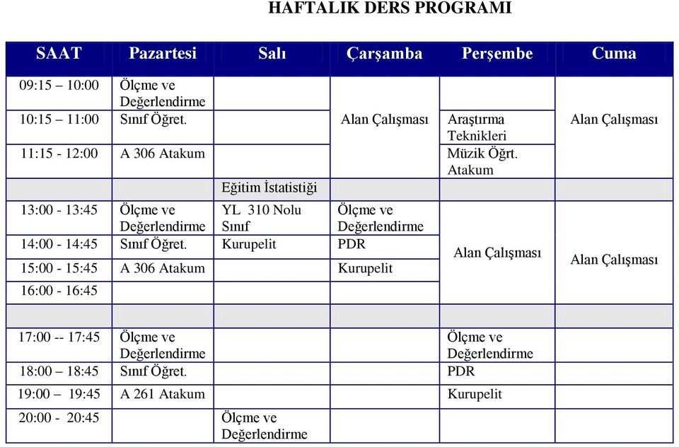 Atakum Eğitim İstatistiği 13:00-13:45 Ölçme ve YL 310 Nolu Ölçme ve Değerlendirme Sınıf Değerlendirme 14:00-14:45 Sınıf Öğret.