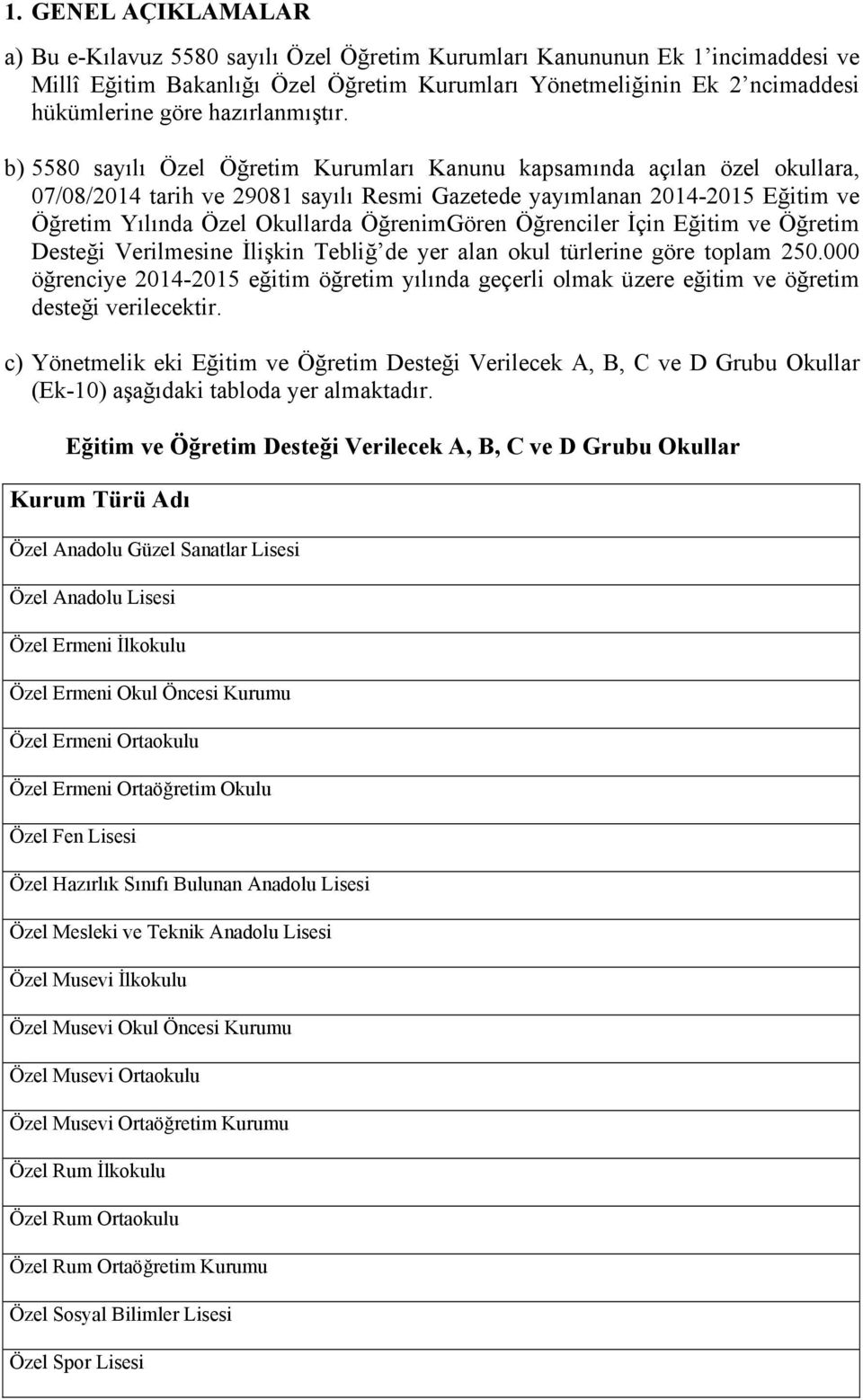 b) 5580 sayılı Özel Öğretim Kurumları Kanunu kapsamında açılan özel okullara, 07/08/2014 tarih ve 29081 sayılı Resmi Gazetede yayımlanan 2014-2015 Eğitim ve Öğretim Yılında Özel Okullarda