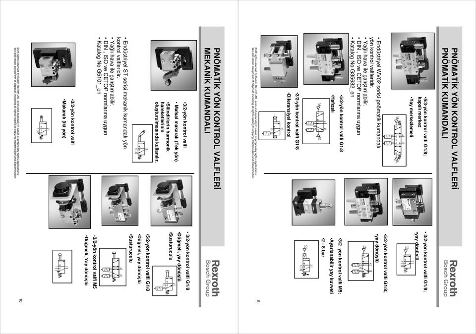 DIN, ISO ve CETOP normlarına uygun Katalog No G3568_en 3/-yön kontrol valfi G/8; yay dönüşlü 5/-yön kontrol valfi G/8; yay dönüşlü 5/-yön kontrol valfi G/8 Hafızalı 3/ yön kontrol valfi M5;