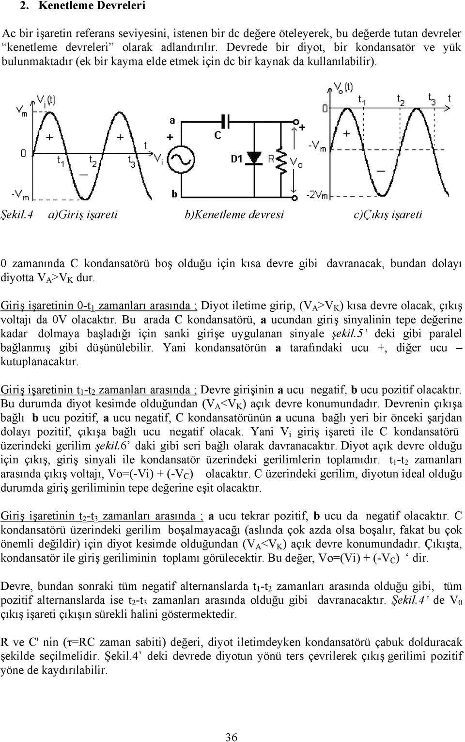 4 a)giriş işareti b)kenetleme devresi c)çıkış işareti 0 zamanında C kondansatörü boş olduğu için kısa devre gibi davranacak, bundan dolayı diyotta V A >V K dur.