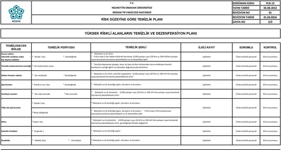 )her kullanımdan sonra enfeksiyon kontrol Temizlik malzemelerinin temizliği * Her kullanımdan sonra komitesinin verdiği eğitim ve talimatlar doğrultusunda temizlenir.