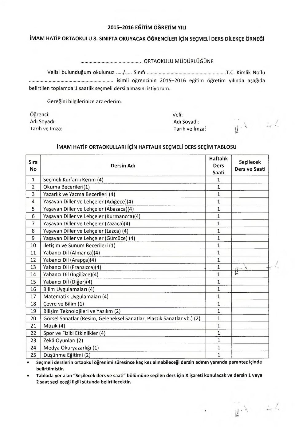 i l 1 İMAM HATİP ORTAOKULLARI İÇİN HAFTALIK SEÇMELİ DERS SEÇİM TABLOSU 1 Seçm eli Kur'an-ı Kerim (4) 1 2 O kum a B e cerile ri(l) 1 3 Y azarlık ve Yazm a Becerileri (4) 1 4 Yaşayan Diller ve Lehçeler