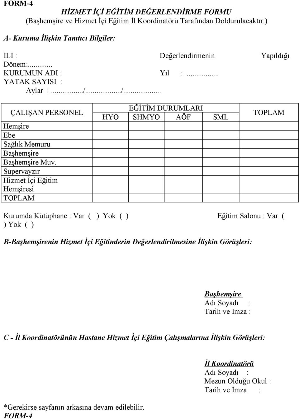 Supervayzır Hizmet İçi Eğitim Hemşiresi TOPLAM EĞİTİM DURUMLARI HYO SHMYO AÖF SML TOPLAM Kurumda Kütüphane : Var ( ) Yok ( ) Eğitim Salonu : Var ( ) Yok ( ) B-Başhemşirenin Hizmet İçi Eğitimlerin