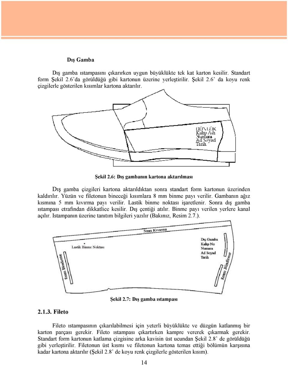 Gambanın ağız kısmına 5 mm kıvırma payı verilir. Lastik binme noktası işaretlenir. Sonra dış gamba ıstampası etrafından dikkatlice kesilir. Dış çentiği atılır. Binme payı verilen yerlere kanal açılır.