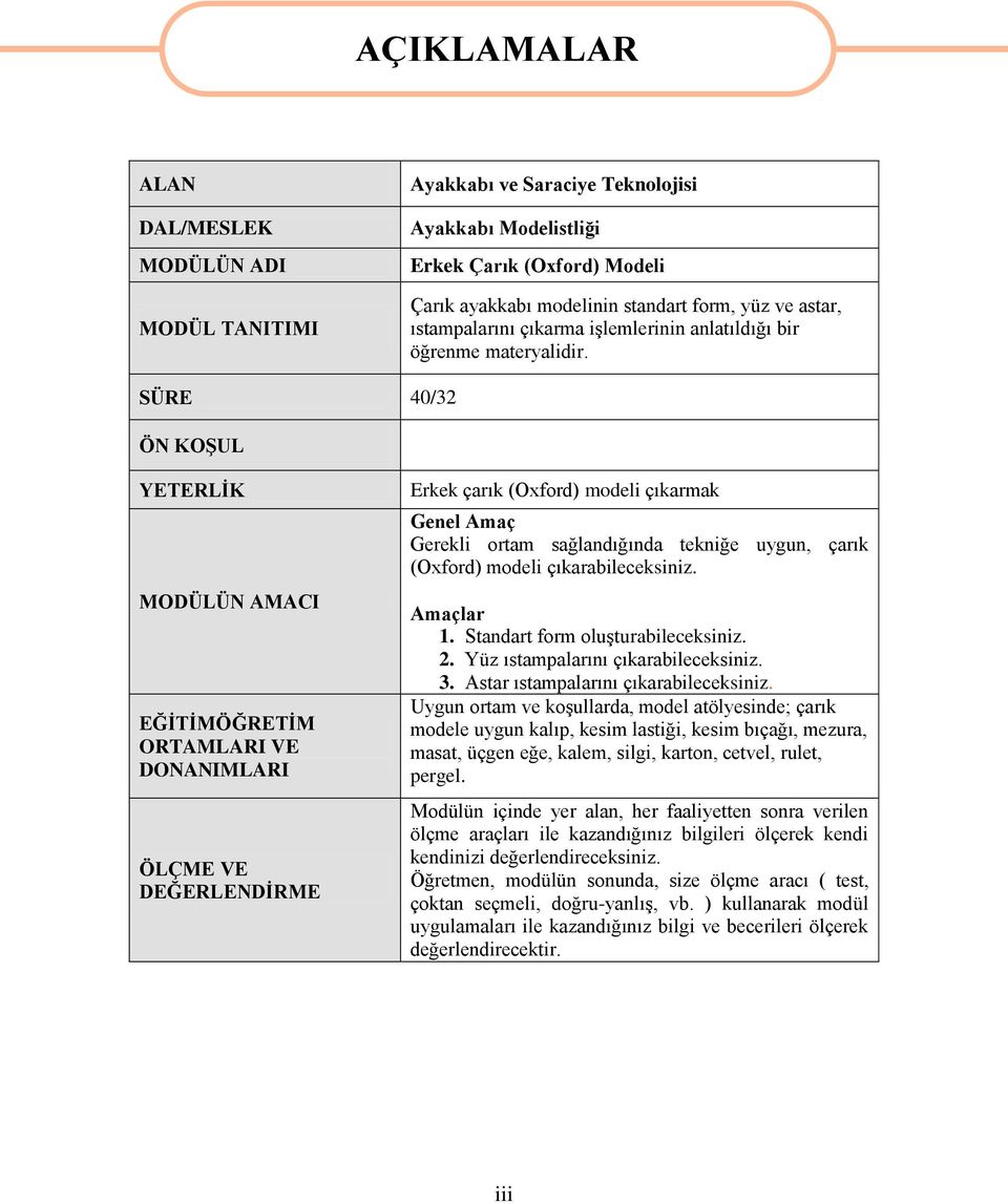 SÜRE 40/32 ÖN KOŞUL YETERLİK MODÜLÜN AMACI EĞİTİMÖĞRETİM ORTAMLARI VE DONANIMLARI ÖLÇME VE DEĞERLENDİRME Erkek çarık (Oxford) modeli çıkarmak Genel Amaç Gerekli ortam sağlandığında tekniğe uygun,