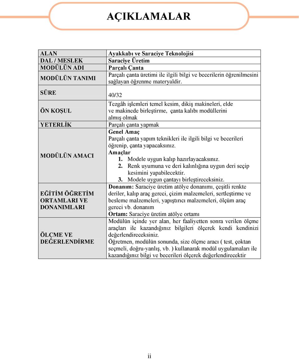 SÜRE 40/32 ÖN KOŞUL YETERLİK MODÜLÜN AMACI EĞİTİM ÖĞRETİM ORTAMLARI VE DONANIMLARI ÖLÇME VE DEĞERLENDİRME Tezgâh işlemleri temel kesim, dikiş makineleri, elde ve makinede birleştirme, çanta kalıbı