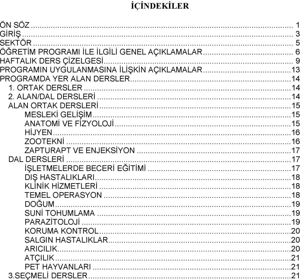 ..16 ZOOTEKNİ...16 ZPTURPT VE ENJEKSİYON...17 D DERSERİ... 17 İŞETMEERDE BECERİ EĞİTİMİ...17 DIŞ HSTIKRI...18 KİNİK HİZMETERİ...18 TEME OPERSYON.