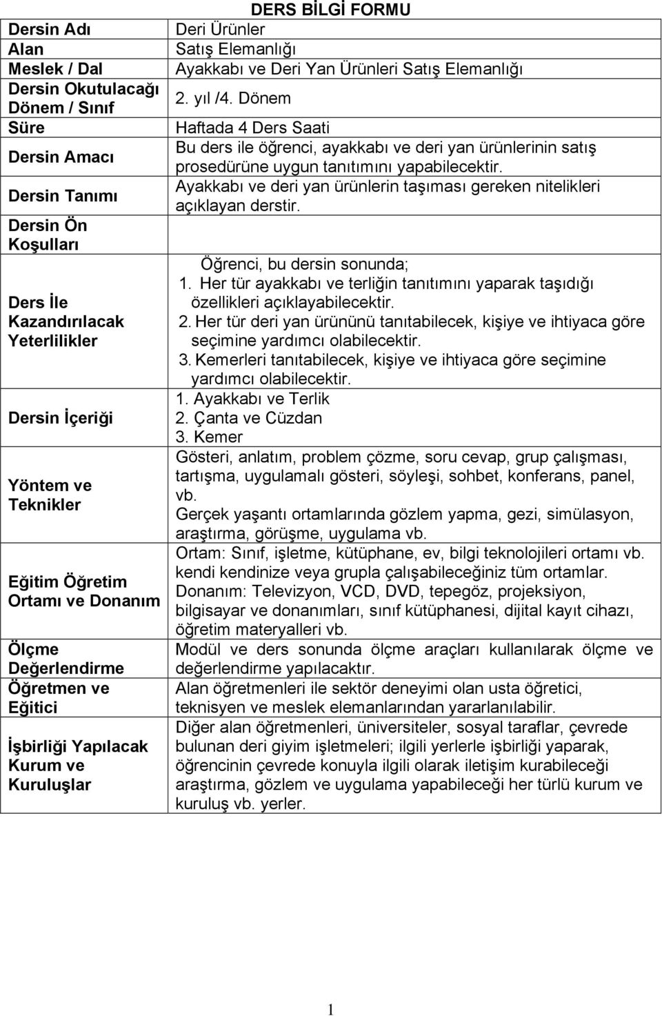 yıl /4. Dönem Haftada 4 Ders Saati Bu ders ile öğrenci, ayakkabı ve deri yan ürünlerinin satış prosedürüne uygun tanıtımını yapabilecektir.