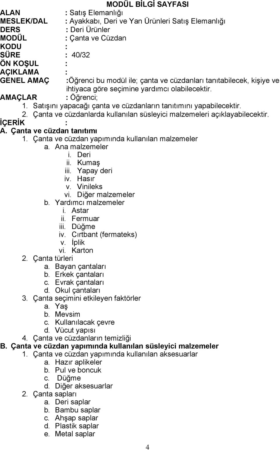 Çanta ve cüzdan yapımında kullanılan malzemeler i. Deri ii. Kumaş iii. Yapay deri iv. Hasır v. Vinileks vi. Diğer malzemeler b. Yardımcı malzemeler i. Astar ii. Fermuar iii. Düğme iv.