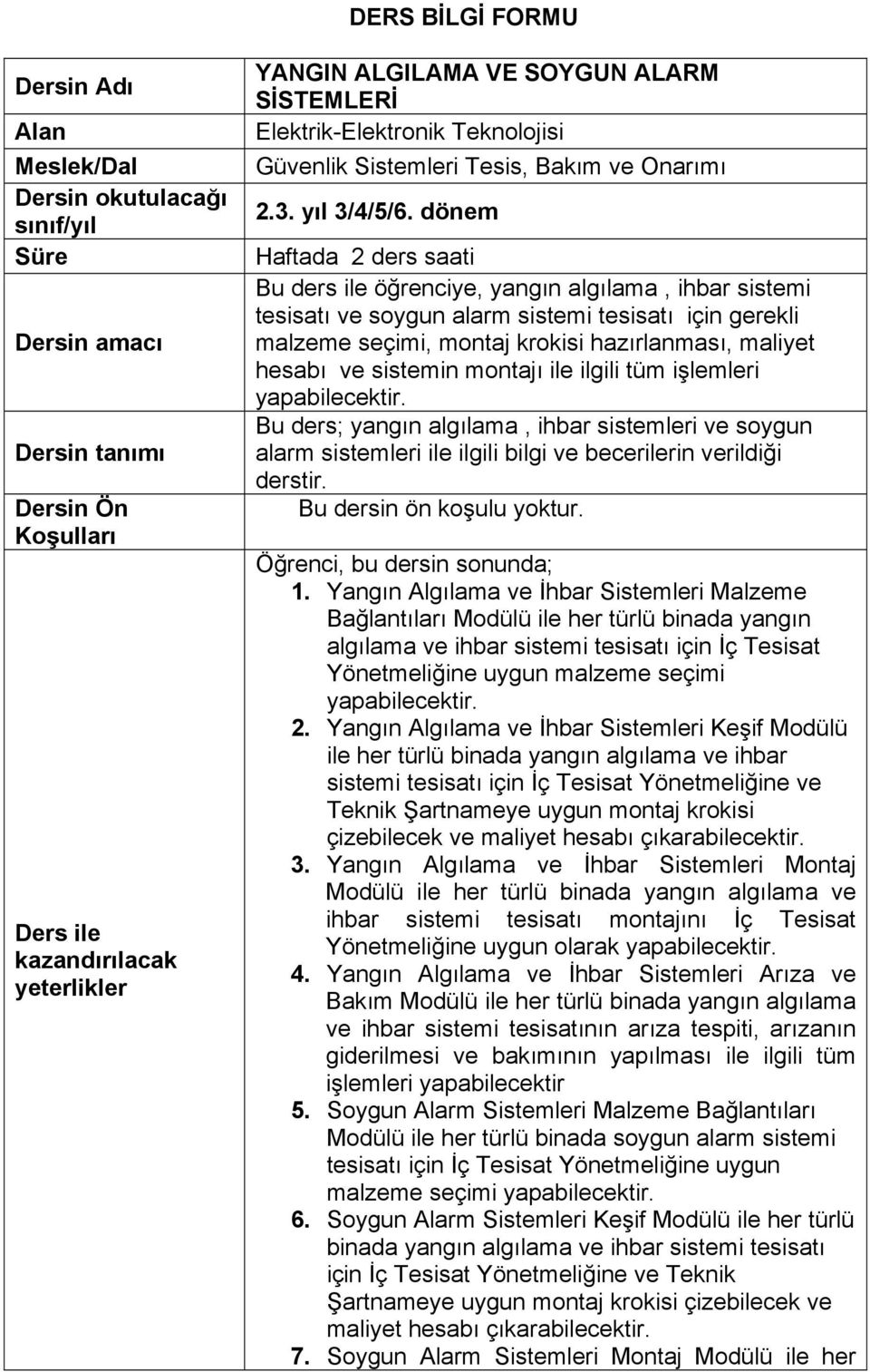 dönem Haftada 2 ders saati Bu ders ile öğrenciye, yangın algılama, ihbar sistemi tesisatı ve soygun alarm sistemi tesisatı için gerekli malzeme seçimi, montaj krokisi hazırlanması, maliyet hesabı ve