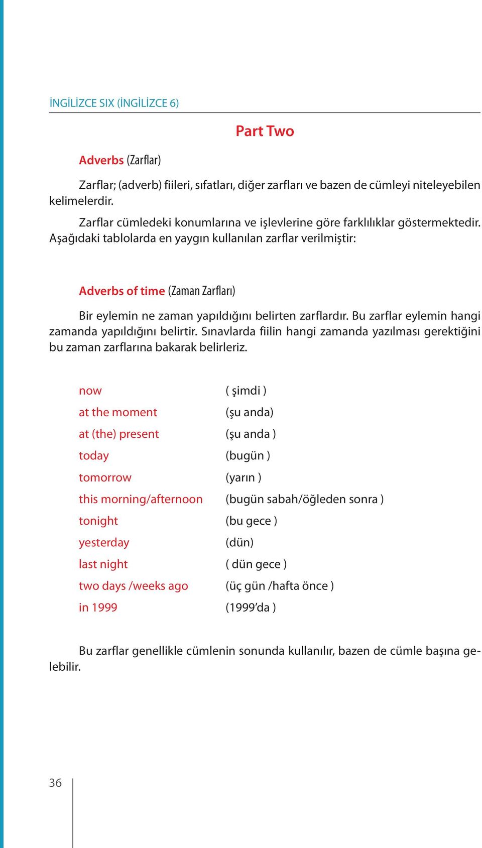 Aşağıdaki tablolarda en yaygın kullanılan zarflar verilmiştir: Adverbs of time (Zaman Zarfları) Bir eylemin ne zaman yapıldığını belirten zarflardır.