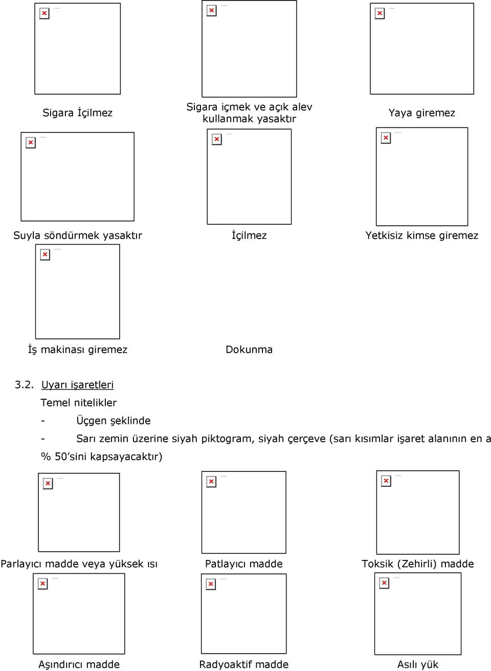 gif (1079 bytes) Sigara İçilmez Sigara içmek ve açık alev kullanmak yasaktır Yaya giremez Suyla söndürmek yasaktır İçilmez Yetkisiz kimse giremez İş makinası giremez Dokunma 3.2.