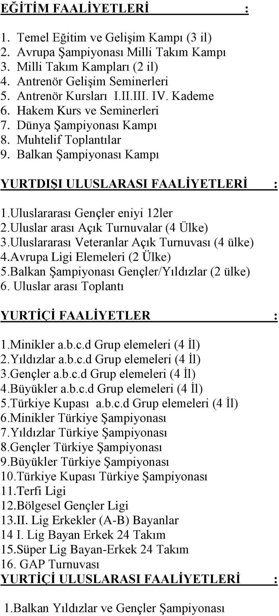 Uluslar arası Açık Turnuvalar (4 Ülke) 3.Uluslararası Veteranlar Açık Turnuvası (4 ülke) 4.Avrupa Ligi Elemeleri (2 Ülke) 5.Balkan Şampiyonası Gençler/Yıldızlar (2 ülke) 6.