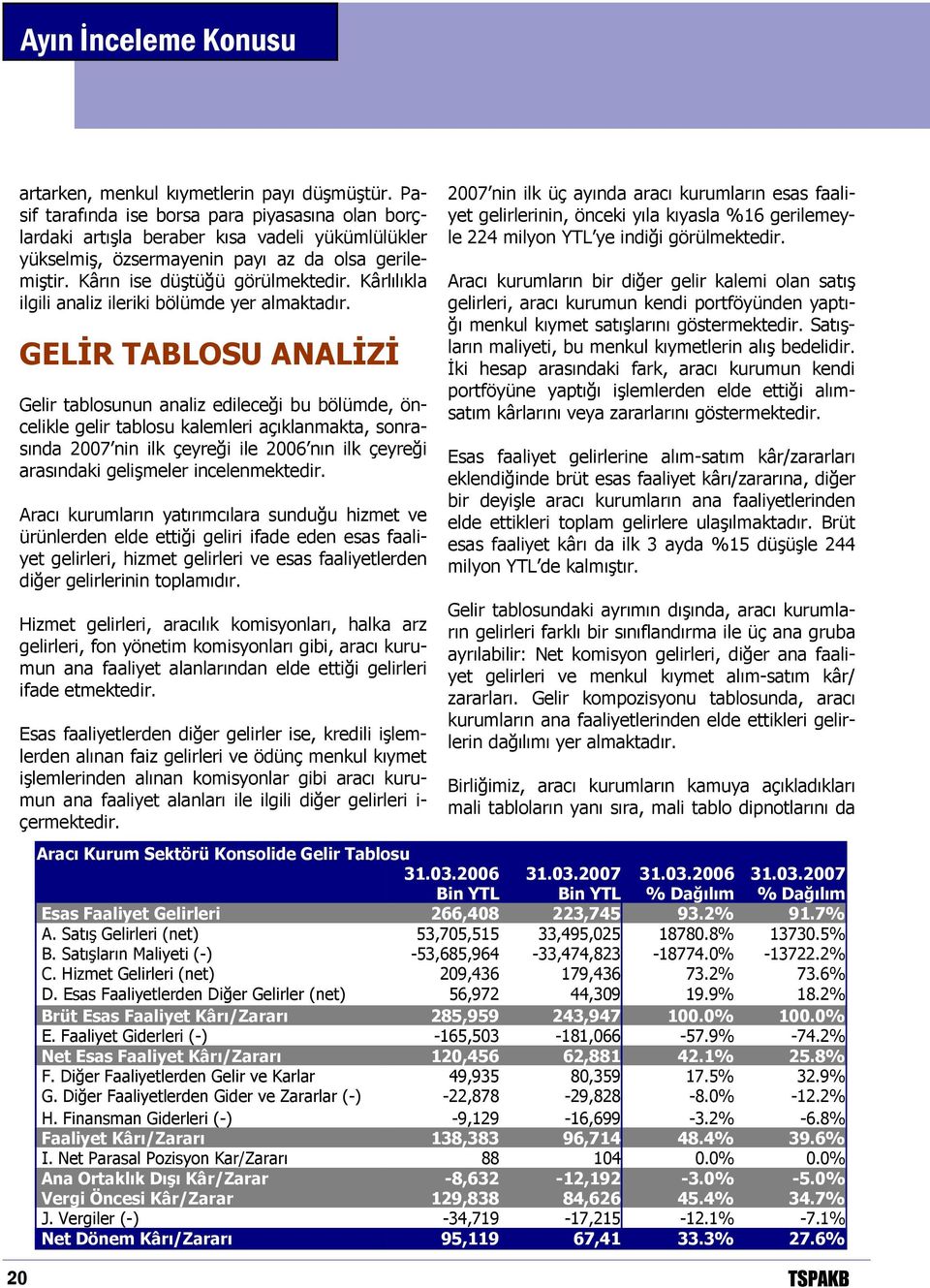 GELİR TABLOSU ANALİZİ Gelir tablosunun analiz edileceği bu bölümde, öncelikle gelir tablosu kalemleri açıklanmakta, sonrasında 2007 nin ilk çeyreği ile 2006 nın ilk çeyreği arasındaki gelişmeler