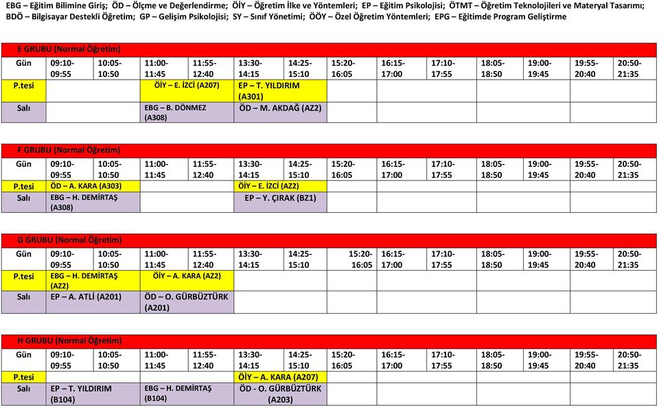 ÇIRAK (BZ1) (A308) G GRUBU (Normal Öğretim) P.tesi EBG H. DEMİRTAŞ ÖİY A. KARA (AZ2) (AZ2) EP A.