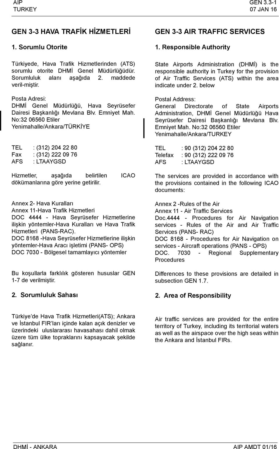 No:32 06560 Etiler Yenimahalle/Ankara/TÜRKİYE TEL : (312) 204 22 80 Fax : (312) 222 09 76 AFS : LTAAYGSD Hizmetler, aşağıda belirtilen ICAO dökümanlarına göre yerine getirilir.