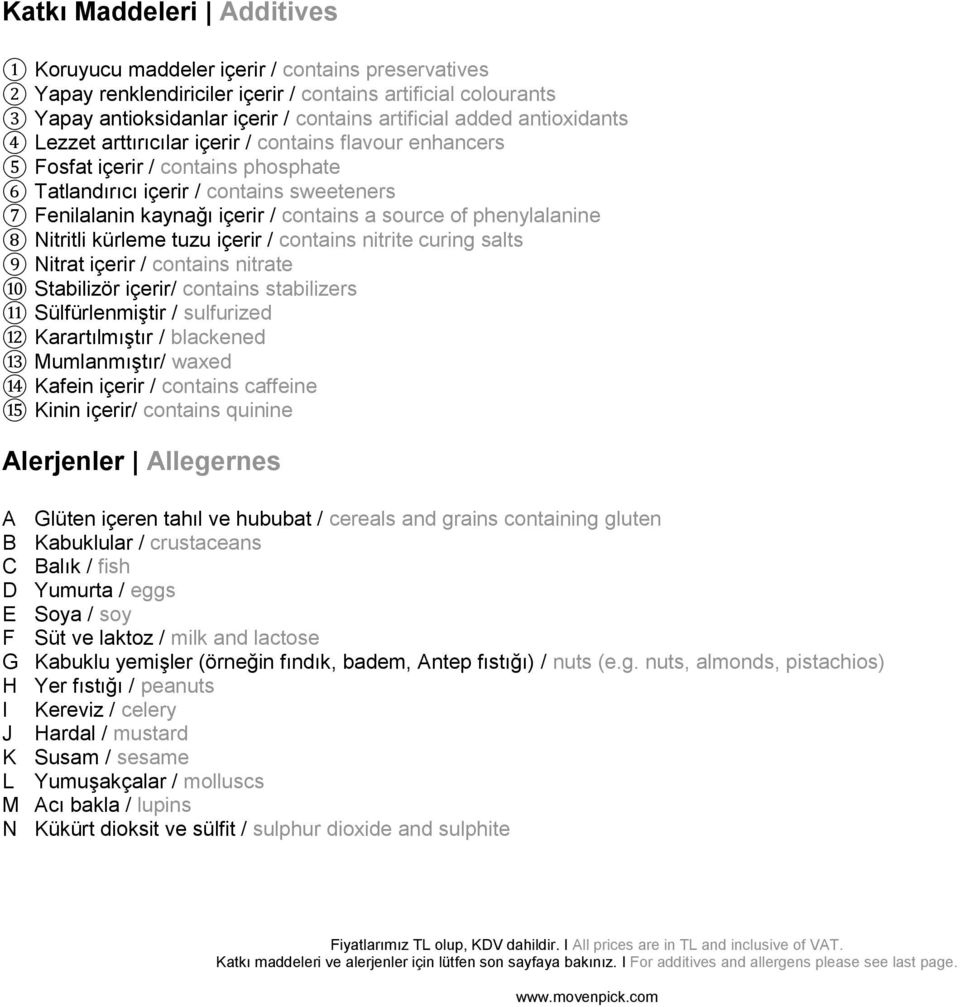 source of phenylalanine 8 Nitritli kürleme tuzu içerir / contains nitrite curing salts 9 Nitrat içerir / contains nitrate 10 Stabilizör içerir/ contains stabilizers 11 Sülfürlenmiştir / sulfurized 12