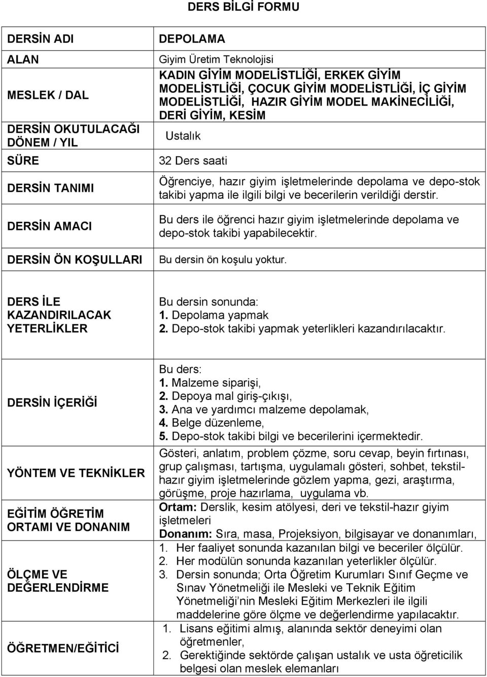 depo-stok takibi yapma ile ilgili bilgi ve becerilerin verildiği derstir. Bu ders ile öğrenci hazır giyim işletmelerinde depolama ve depo-stok takibi yapabilecektir. Bu dersin ön koşulu yoktur.