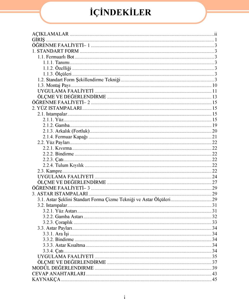 ..20 2.1.4. Fermuar Kapağı...21 2.2. Yüz Payları...22 2.2.1. Kıvırma...22 2.2.2. Bindirme...22 2.2.3. Çatı...22 2.2.4. Tulum Kıyılık...22 2.3. Kampre...22 UYGULAMA FAALİYETİ...24 ÖLÇME VE DEĞERLENDİRME.