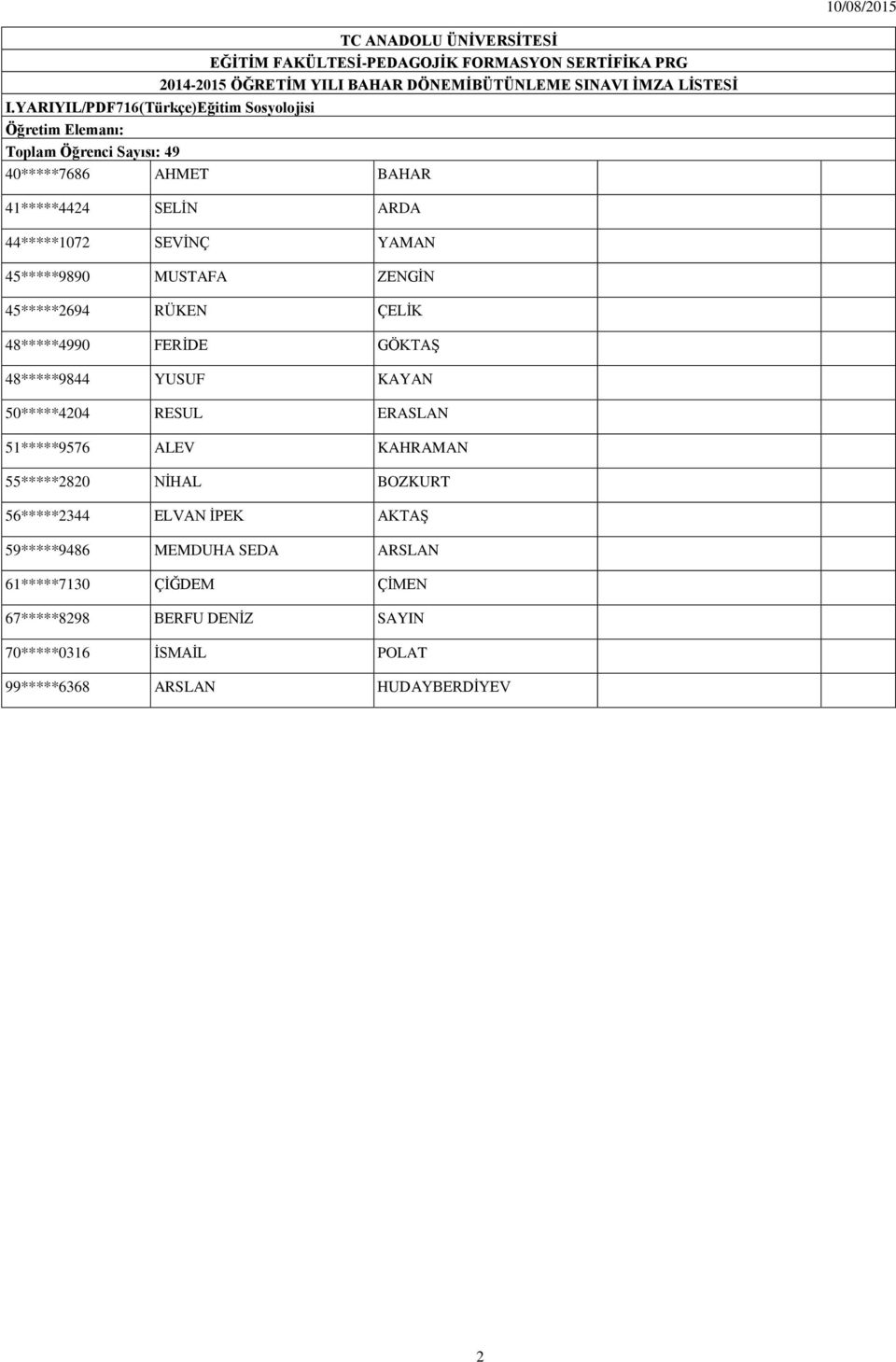 KAYAN 50*****4204 RESUL ERASLAN 51*****9576 ALEV KAHRAMAN 55*****2820 NİHAL BOZKURT 56*****2344 ELVAN İPEK AKTAŞ