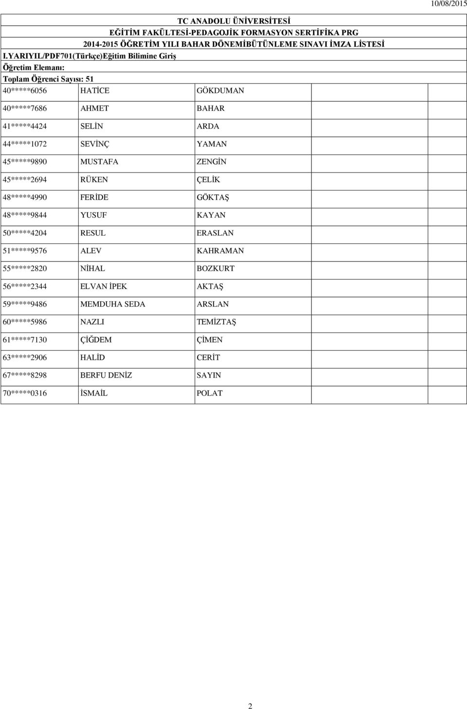 KAYAN 50*****4204 RESUL ERASLAN 51*****9576 ALEV KAHRAMAN 55*****2820 NİHAL BOZKURT 56*****2344 ELVAN İPEK AKTAŞ 59*****9486 MEMDUHA