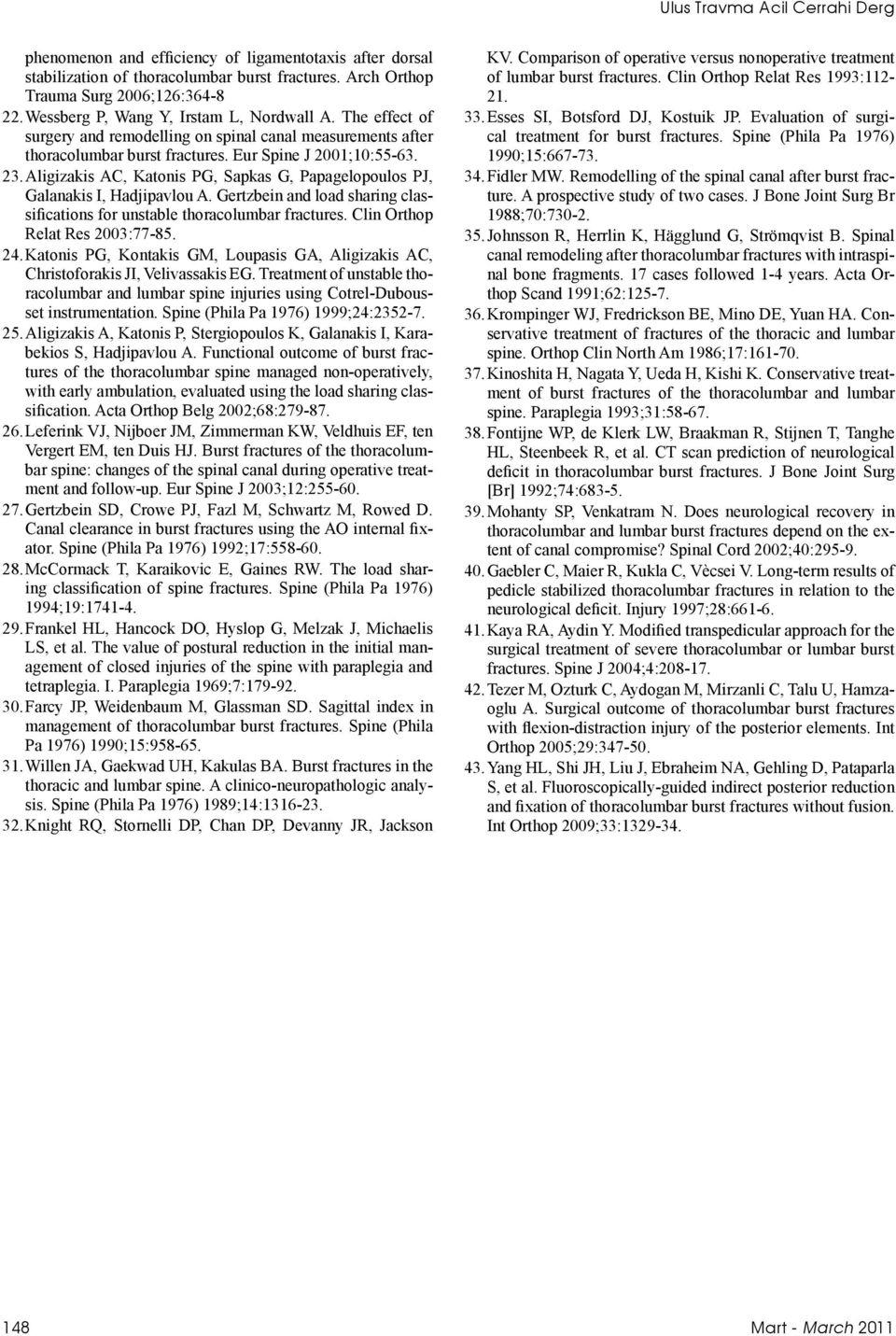 Aligizakis AC, Katonis PG, Sapkas G, Papagelopoulos PJ, Galanakis I, Hadjipavlou A. Gertzbein and load sharing classifications for unstable thoracolumbar fractures. Clin Orthop Relat Res 2003:77-85.