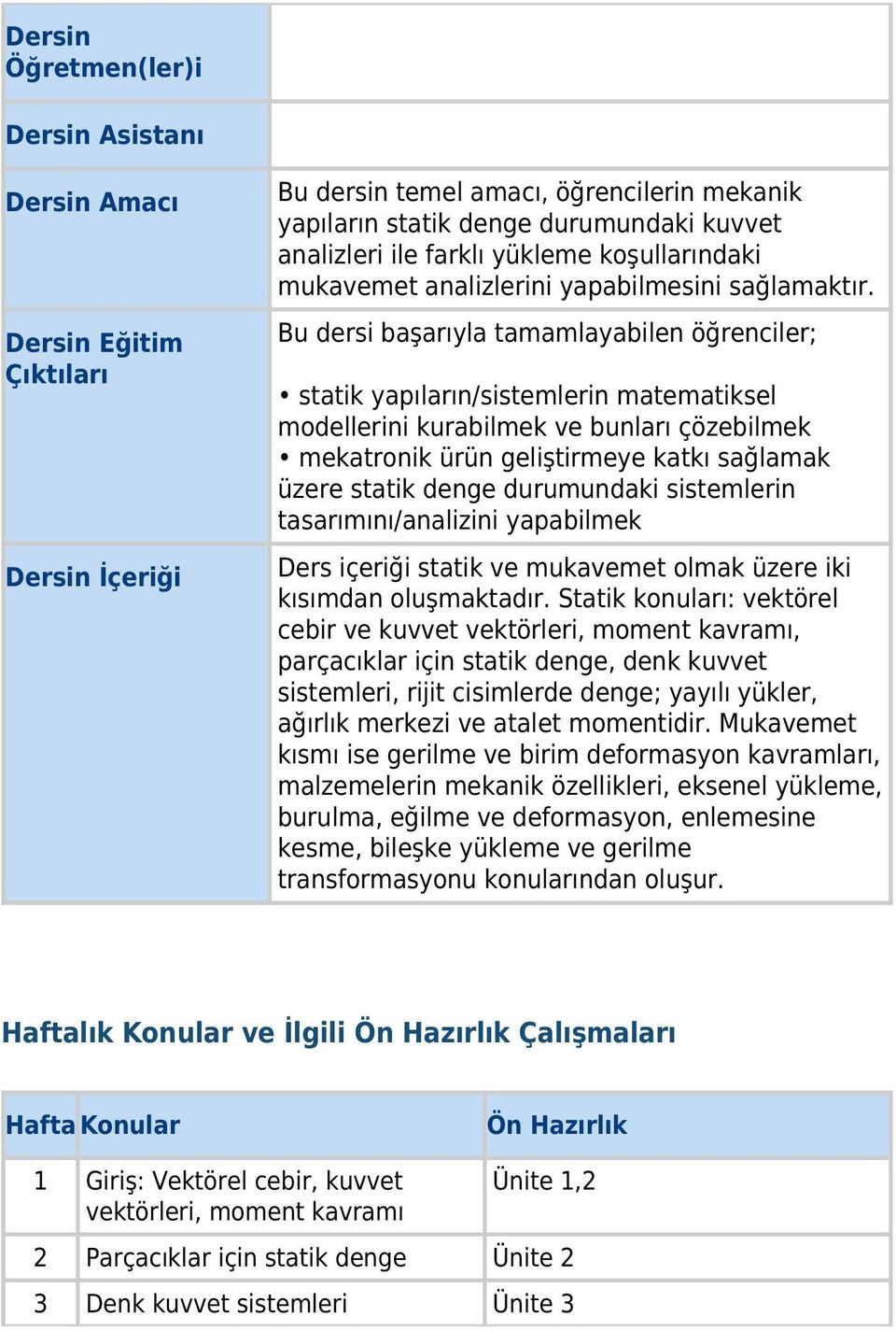 Bu dersi başarıyla tamamlayabilen öğrenciler; statik yapıların/sistemlerin matematiksel modellerini kurabilmek ve bunları çözebilmek mekatronik ürün geliştirmeye katkı sağlamak üzere statik denge