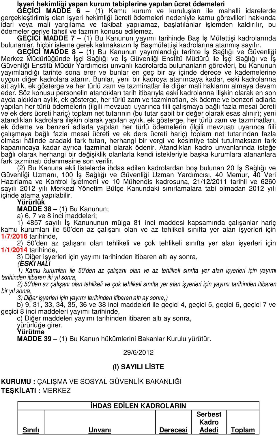 GEÇİCİ MADDE 7 (1) Bu Kanunun yayımı tarihinde Baş İş Müfettişi kadrolarında bulunanlar, hiçbir işleme gerek kalmaksızın İş Başmüfettişi kadrolarına atanmış sayılır.