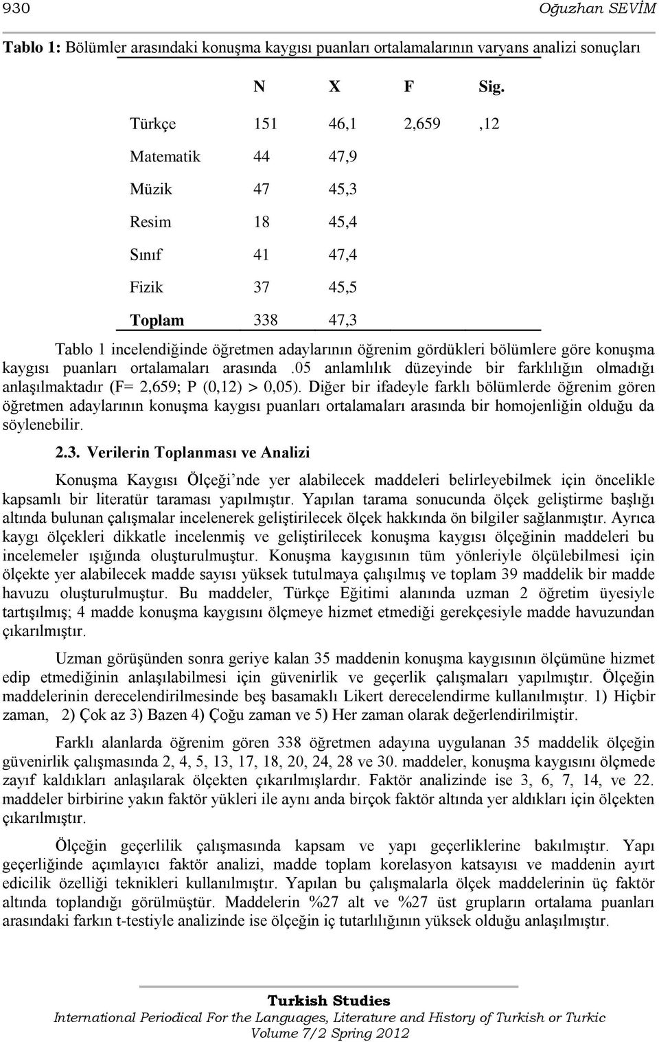 konuģma kaygısı puanları ortalamaları arasında.05 anlamlılık düzeyinde bir farklılığın olmadığı anlaģılmaktadır (F= 2,659; P (0,12) > 0,05).