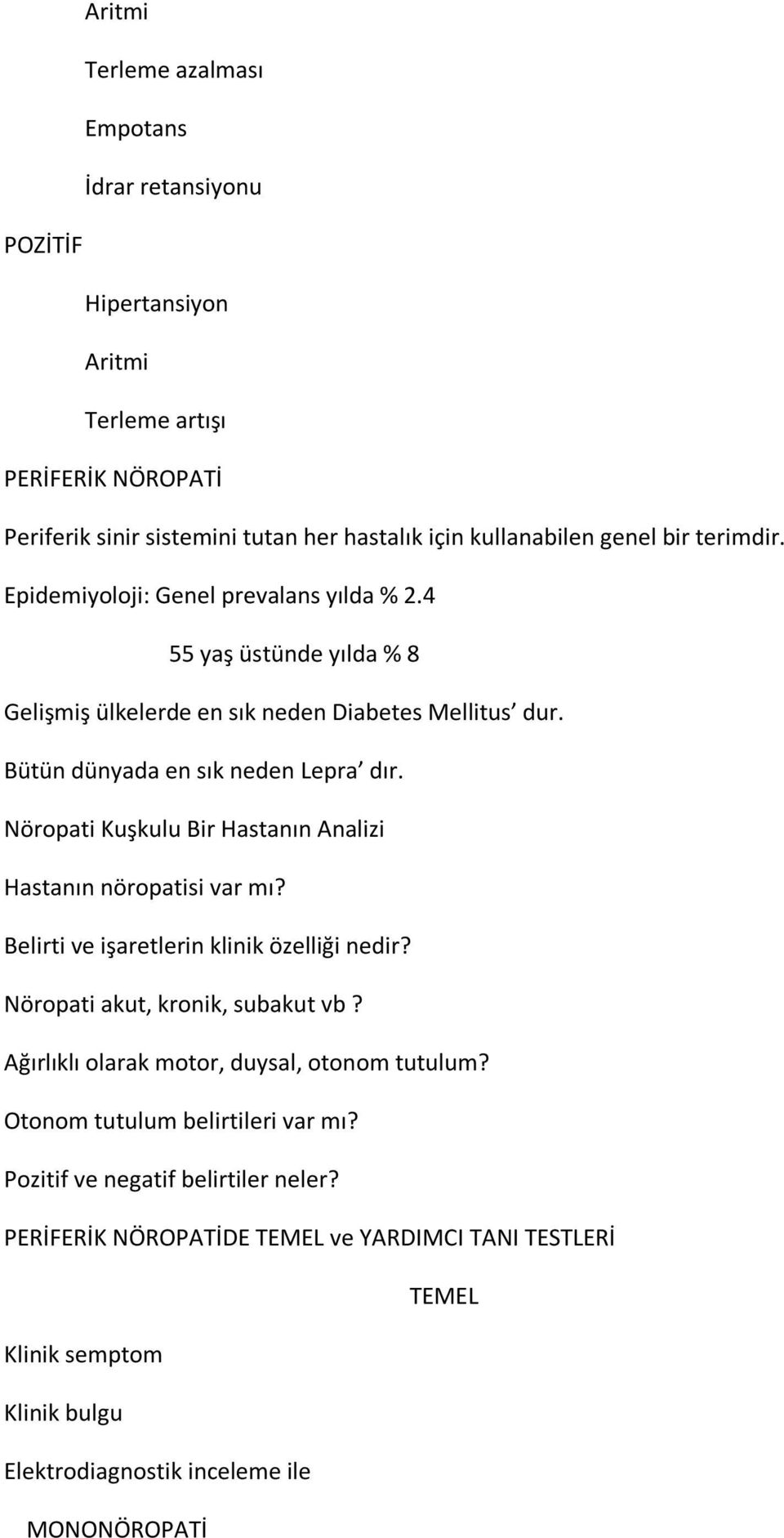 Nöropati Kuşkulu Bir Hastanın Analizi Hastanın nöropatisi var mı? Belirti ve işaretlerin klinik özelliği nedir? Nöropati akut, kronik, subakut vb?