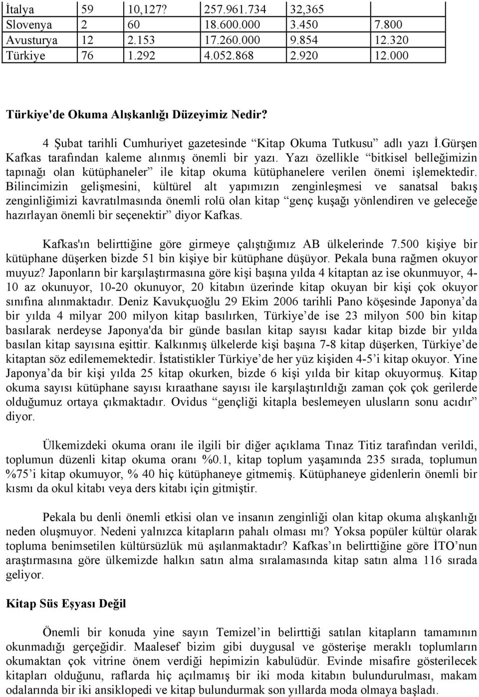 Yazı özellikle bitkisel belleğimizin tapınağı olan kütüphaneler ile kitap okuma kütüphanelere verilen önemi işlemektedir.