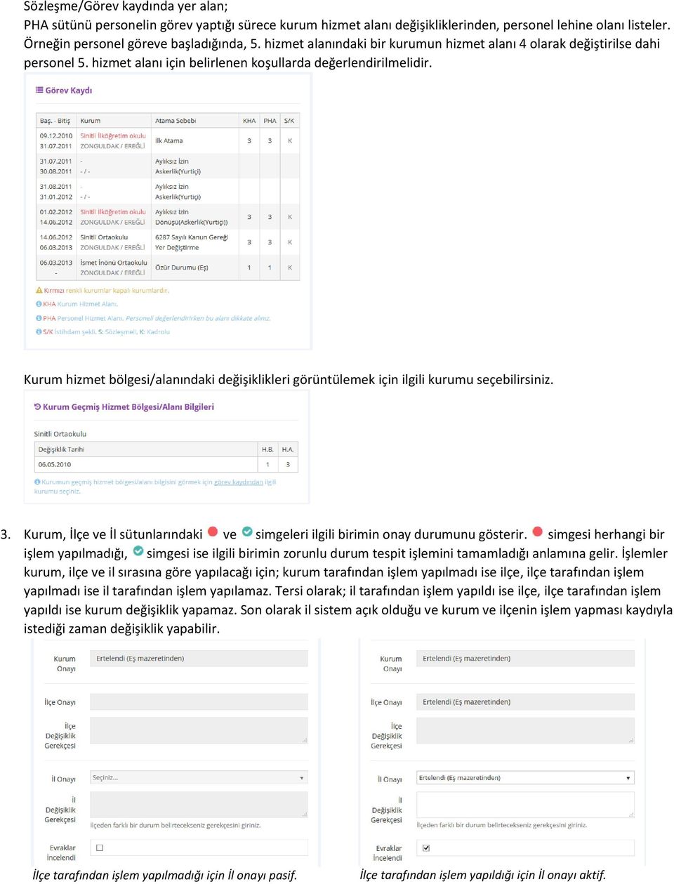 Kurum hizmet bölgesi/alanındaki değişiklikleri görüntülemek için ilgili kurumu seçebilirsiniz. 3. Kurum, İlçe ve İl sütunlarındaki ve simgeleri ilgili birimin onay durumunu gösterir.