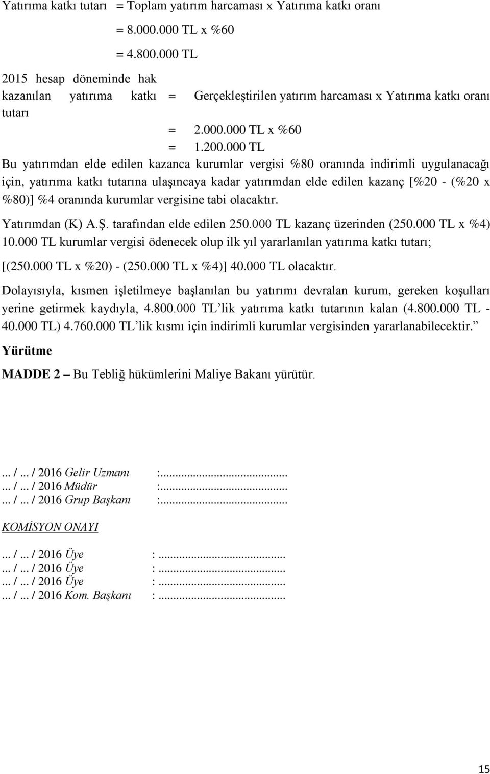 000 TL Bu yatırımdan elde edilen kazanca kurumlar vergisi %80 oranında indirimli uygulanacağı için, yatırıma katkı tutarına ulaşıncaya kadar yatırımdan elde edilen kazanç [%20 - (%20 x %80)] %4