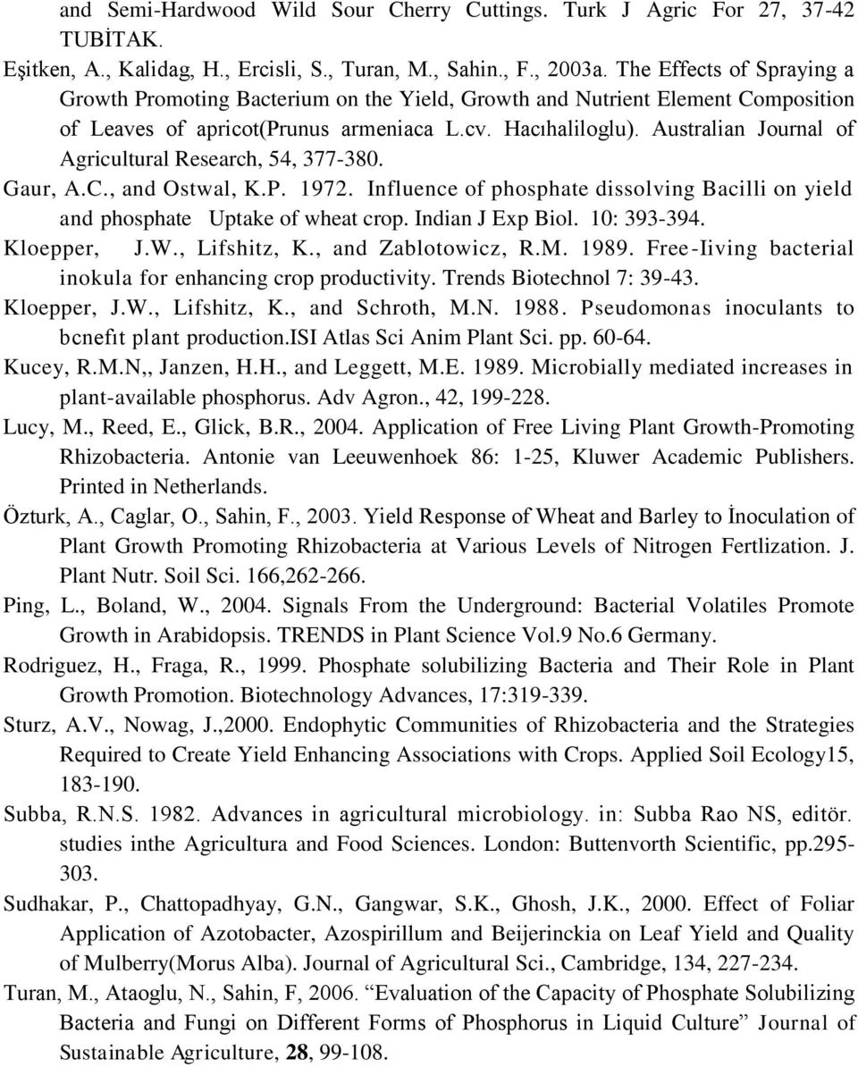 Australian Journal of Agricultural Research, 54, 377-380. Gaur, A.C., and Ostwal, K.P. 1972. Influence of phosphate dissolving Bacilli on yield and phosphate Uptake of wheat crop. Indian J Exp Biol.