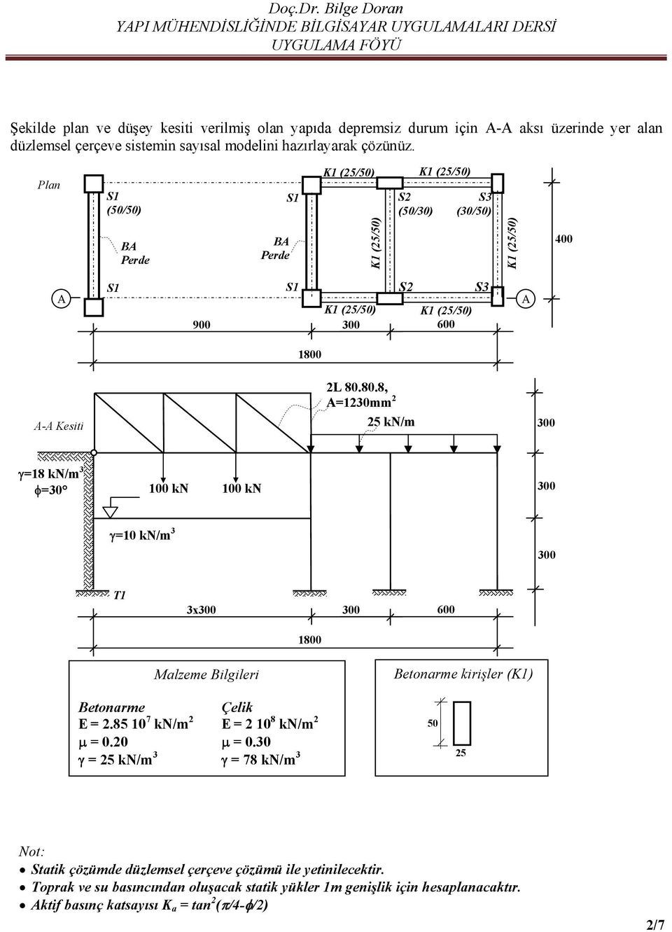 - Kesiti 2L 80.80.8, =1230mm 2 kn/m =18 kn/m 3 =30 100 kn 100 kn =10 kn/m 3 T1 3x 600 1800 Malzeme ilgileri etonarme kirişler (K1) etonarme E = 2.85 10 7 kn/m 2 = 0.