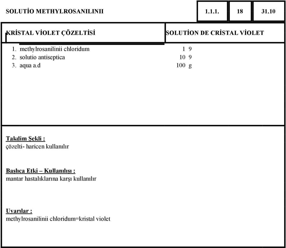 methylrosanilinii chloridum 1 9 2. solutio antiseptica 10 9 3.