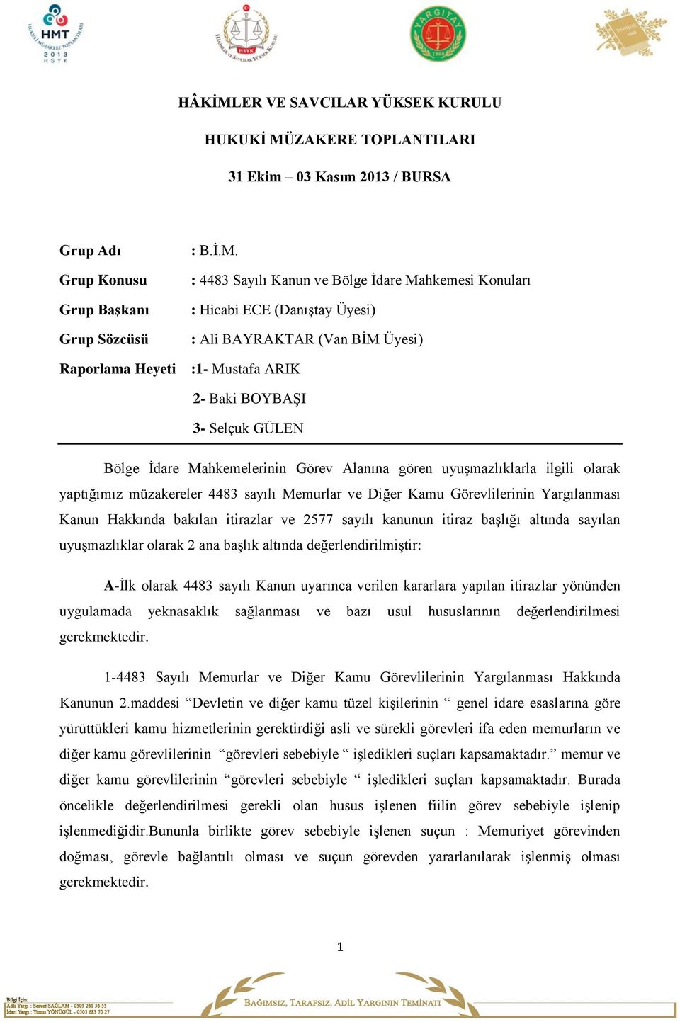 ZAKERE TOPLANTILARI 31 Ekim 03 Kasım 2013 / BURSA Grup Adı Grup Konusu Grup Başkanı Grup Sözcüsü : B.İ.M.